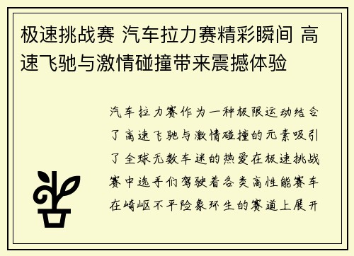 极速挑战赛 汽车拉力赛精彩瞬间 高速飞驰与激情碰撞带来震撼体验